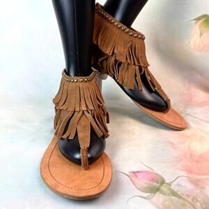 Steve Madden Surrie Brown Suede Leather Studden Ankle Fringe Moccasin Sandals